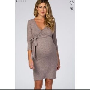 Pink Brushed Knit Wrap Fitted Maternity/Nursing Dress